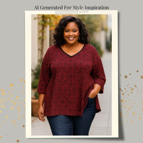 Catherines Plus Size 3X Knit Tunic Top Red Black Geometric Print Stretch V-Neck - Picture 3 of 10